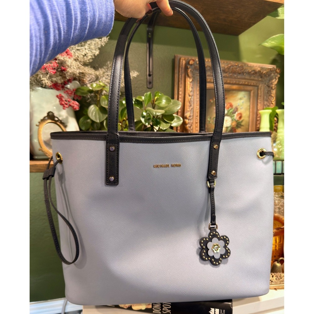 Michael Kors Carter Large Reversible Light Blue Saffiano PVC Tote Bag